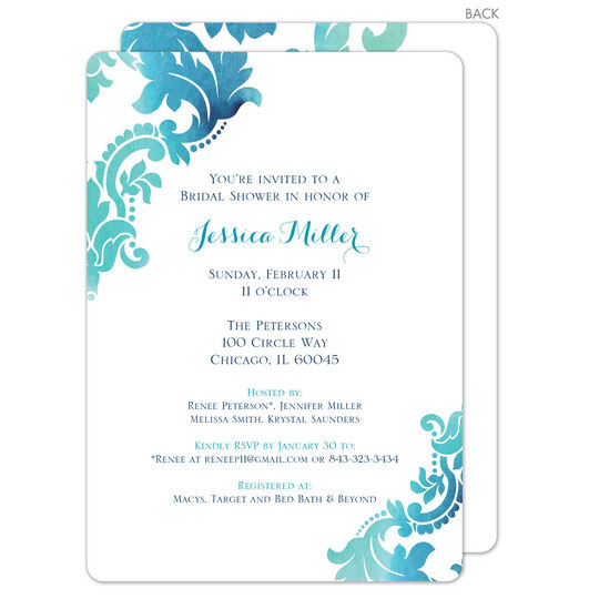 Teal Watercolor Damask Invitations